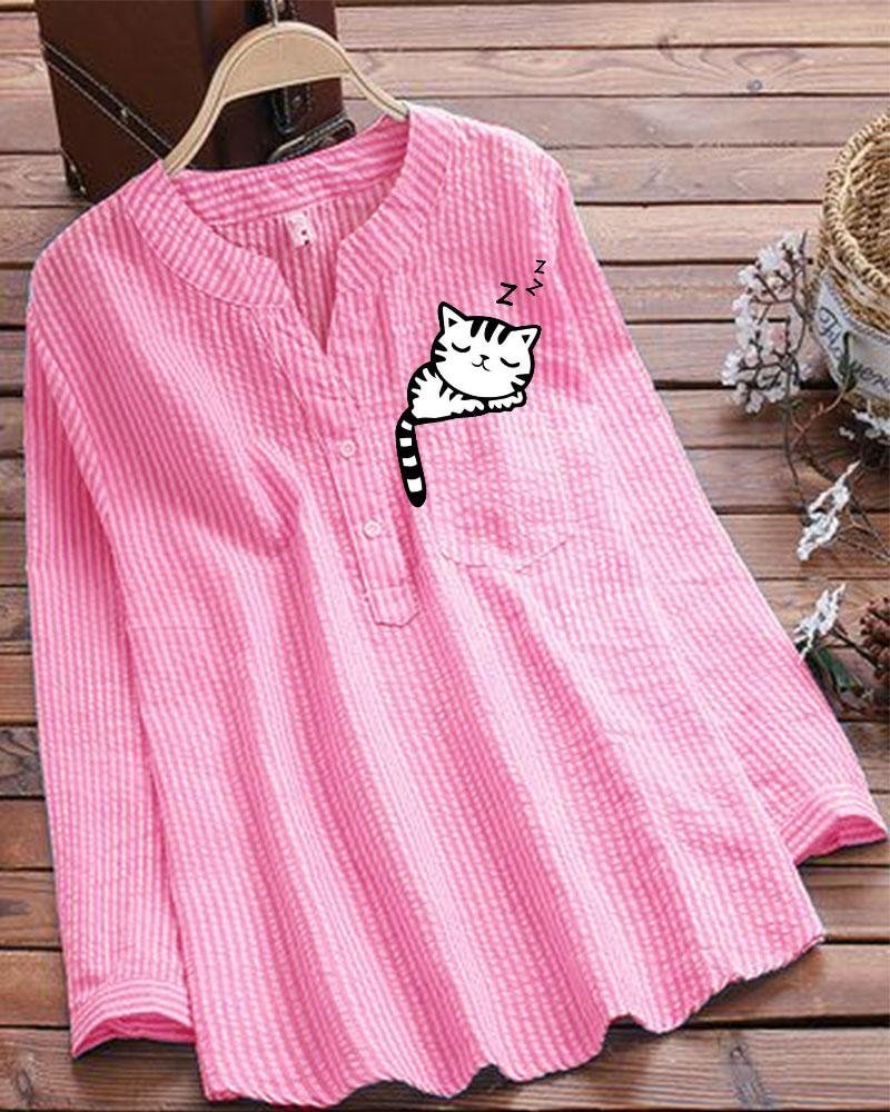 Asleep Cat Print Chest Pocket Striped Casual Blouse