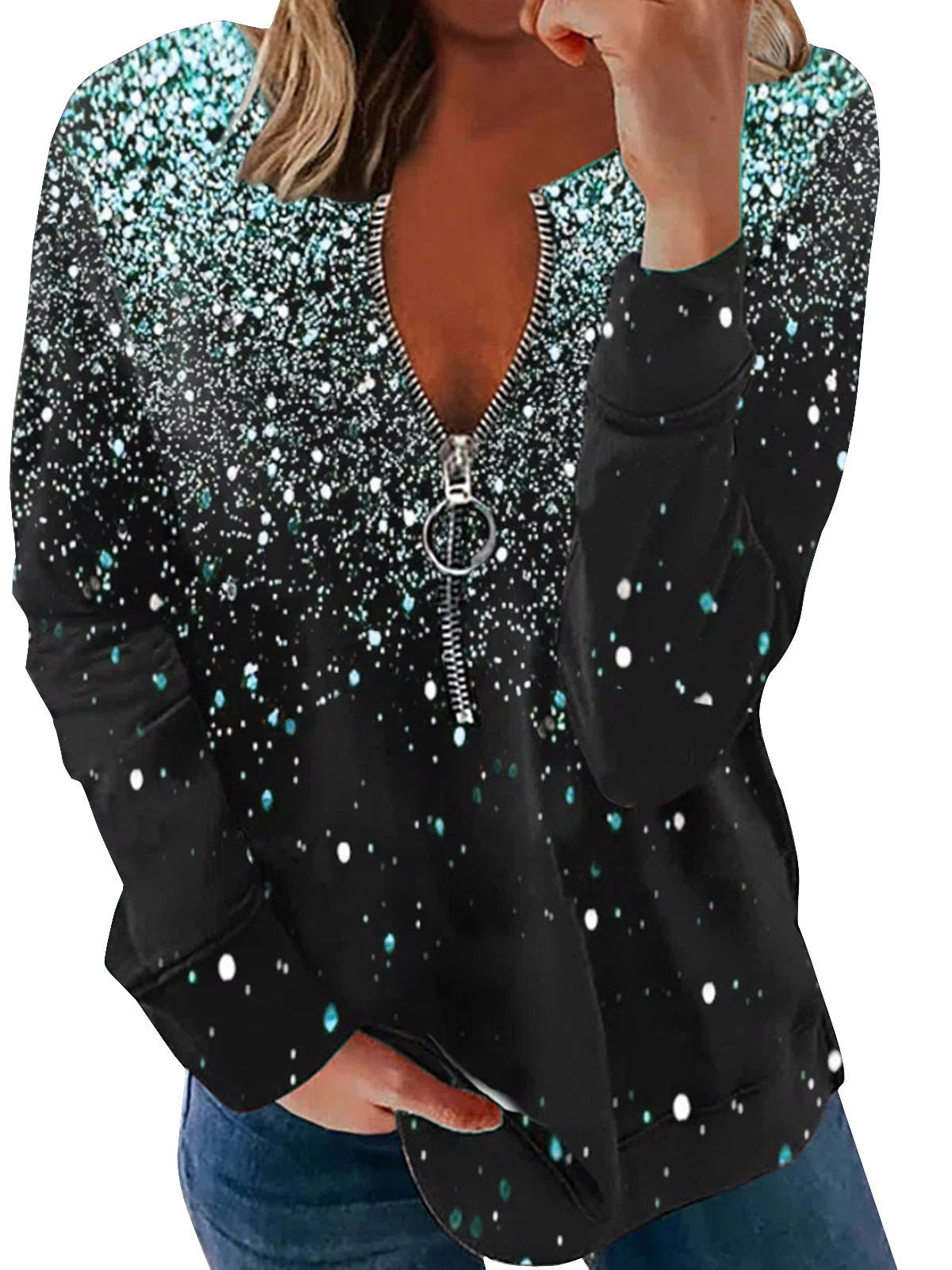 Women Long Sleeve V-neck Graphic Floral Printed Top