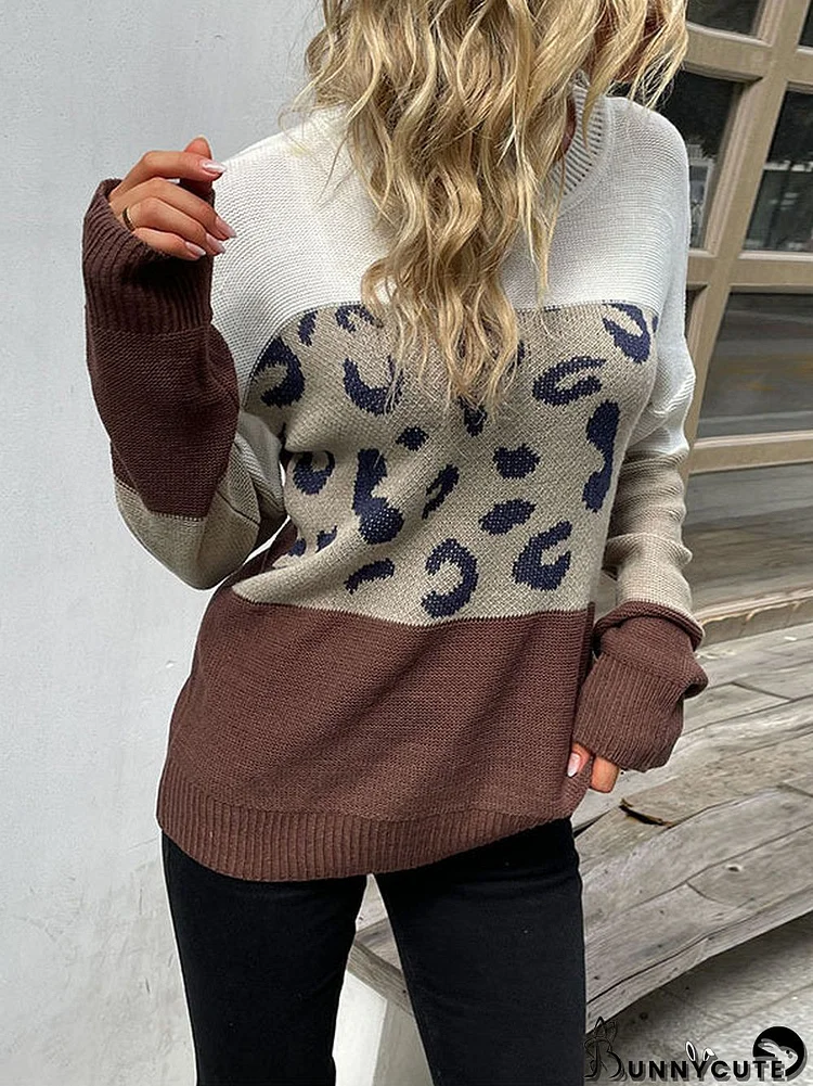Women Long Sleeve Leopard Print Contrast Sweater