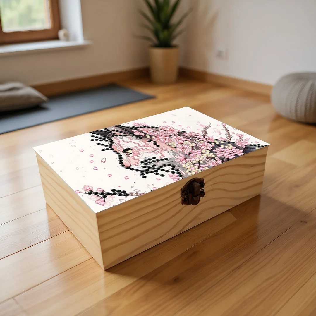 Cats Cherry Blossom DIY Wooden 5D Diamond Art Diamond Art Storage Box for Adults