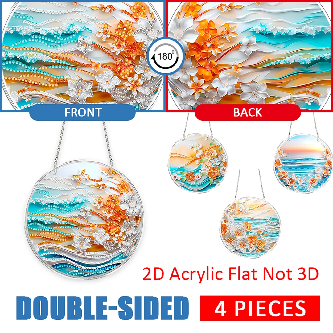 4pcs Beach Flowers DIY 2D Flat Acrylic Diamond Painting Kits Diamond Art Pendant