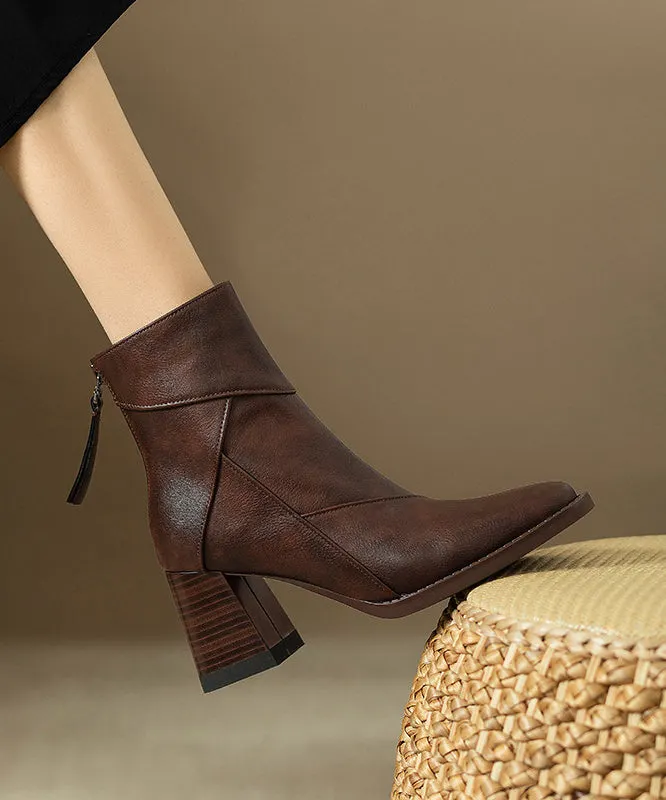 Brown Zippered Faux Leather Splicing Elegant Chunky Boots