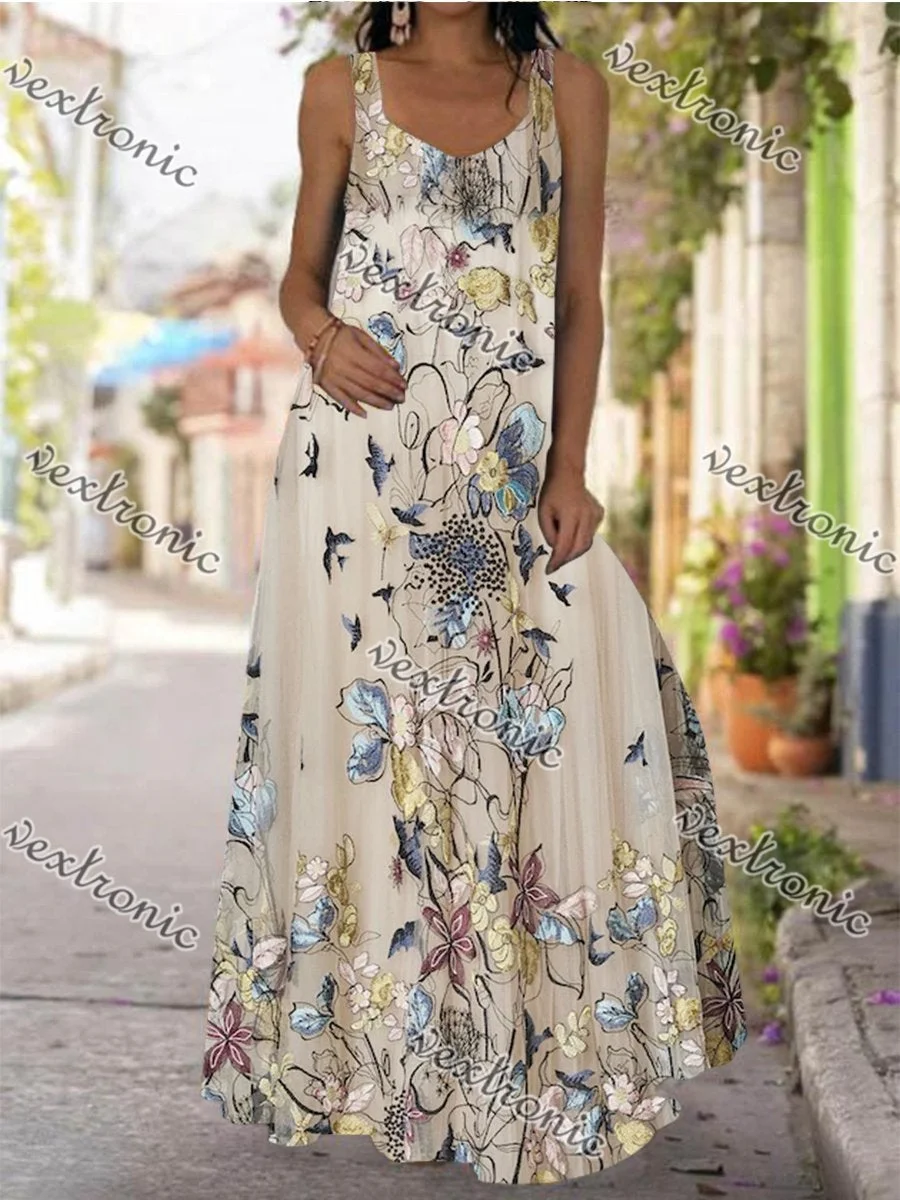 Women Sleeveless U-neck Floral Printed Maxi Dress