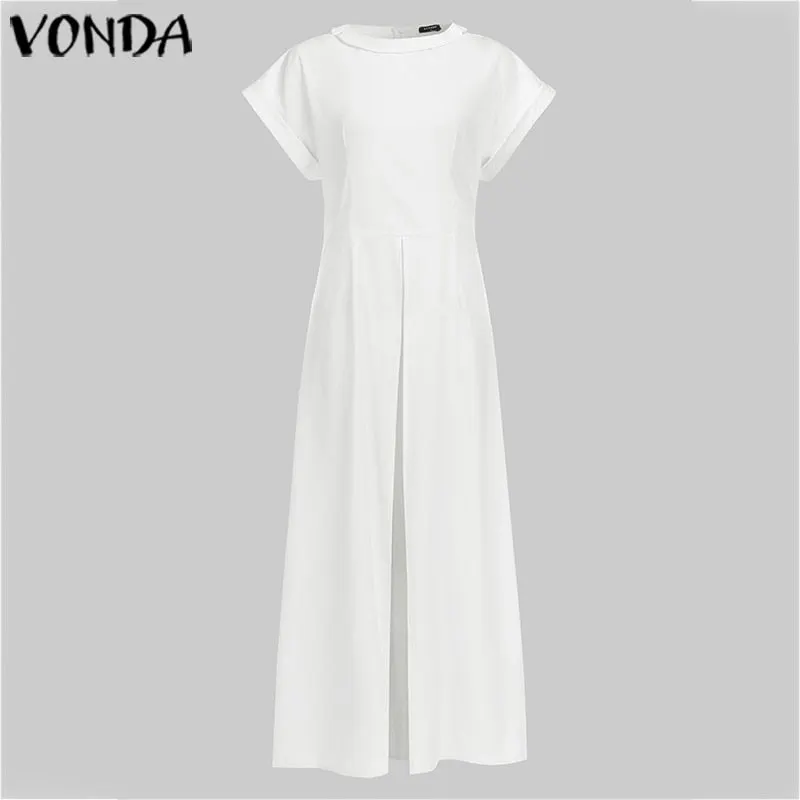 VONDA 2022 Office Shirts Ladies Sexy Split Hem Casual Bohemian Blusas Solid Short Sleeve Tops  Asymmetric Tops Femme