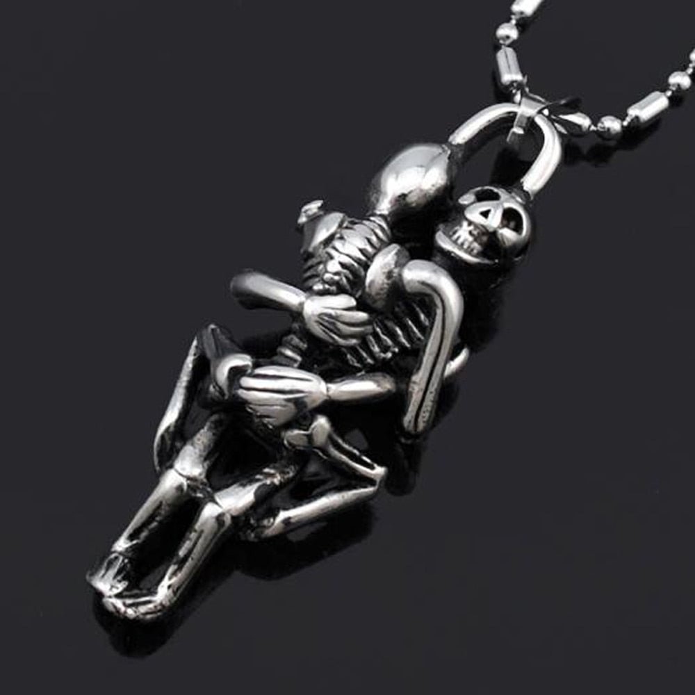 Stainless Steel Double Skull Pendant Chain Cross Necklace Men's Fashion Wild Black Jewelry New Arrival