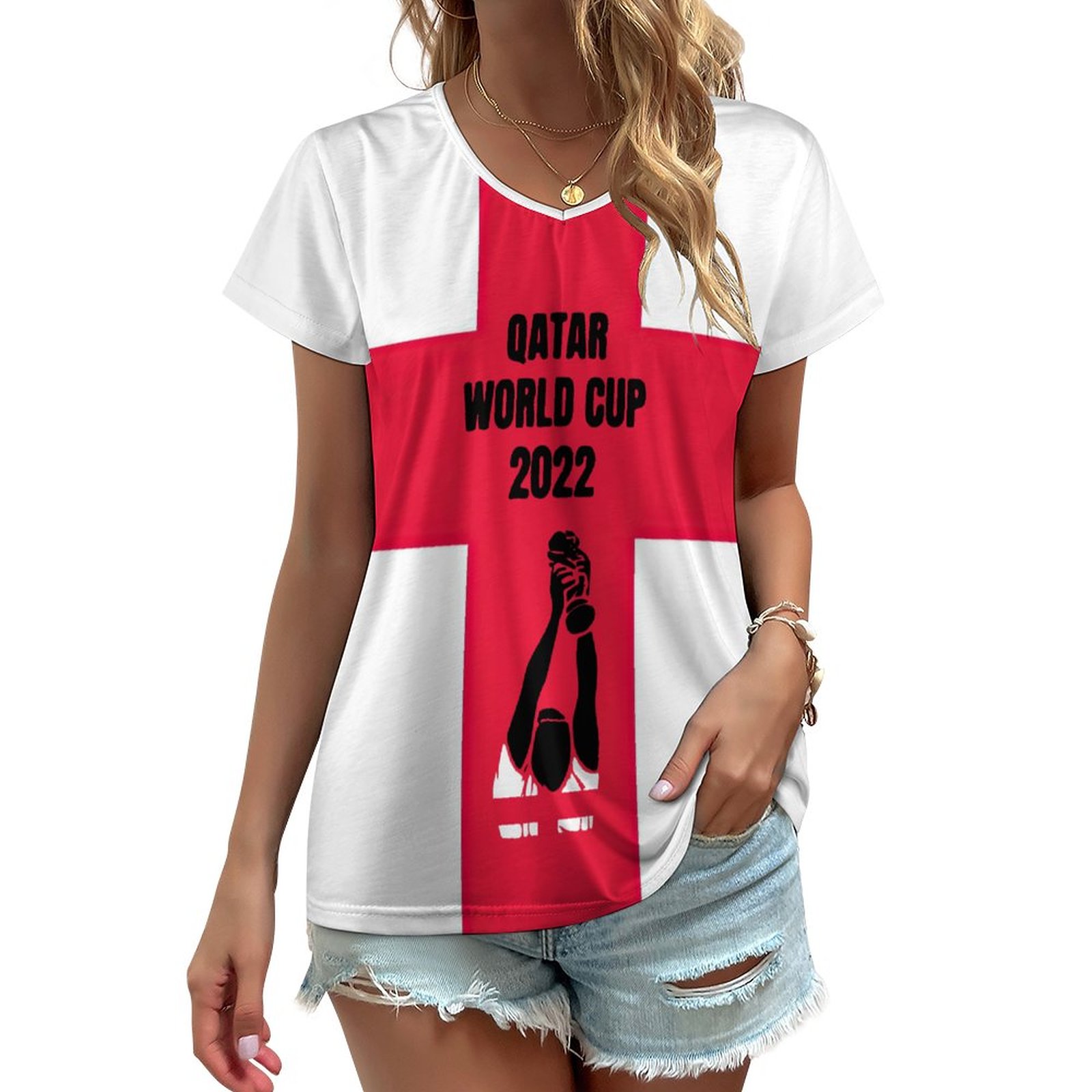 Qatar 2022 World Cup England V-Neck Tops Fashion Tees