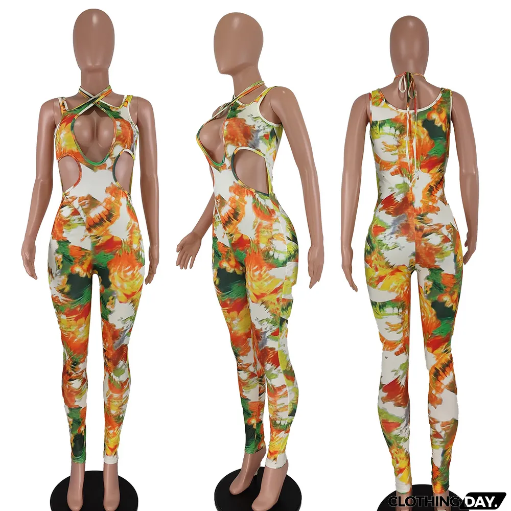 Women's Sleeveless Waist Cutout Fashion Print Tight Fitting Jumpsuit
