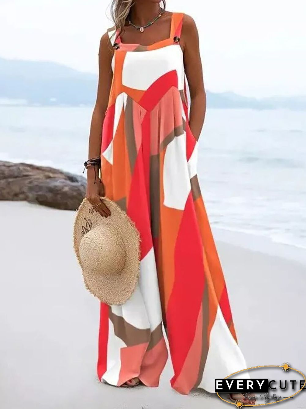 Summer Vintage Print Trousers Jumpsuit Women Casual Sling Sleeveless O Neck Wide Leg Playsuits Fashion High Street Loose Romper