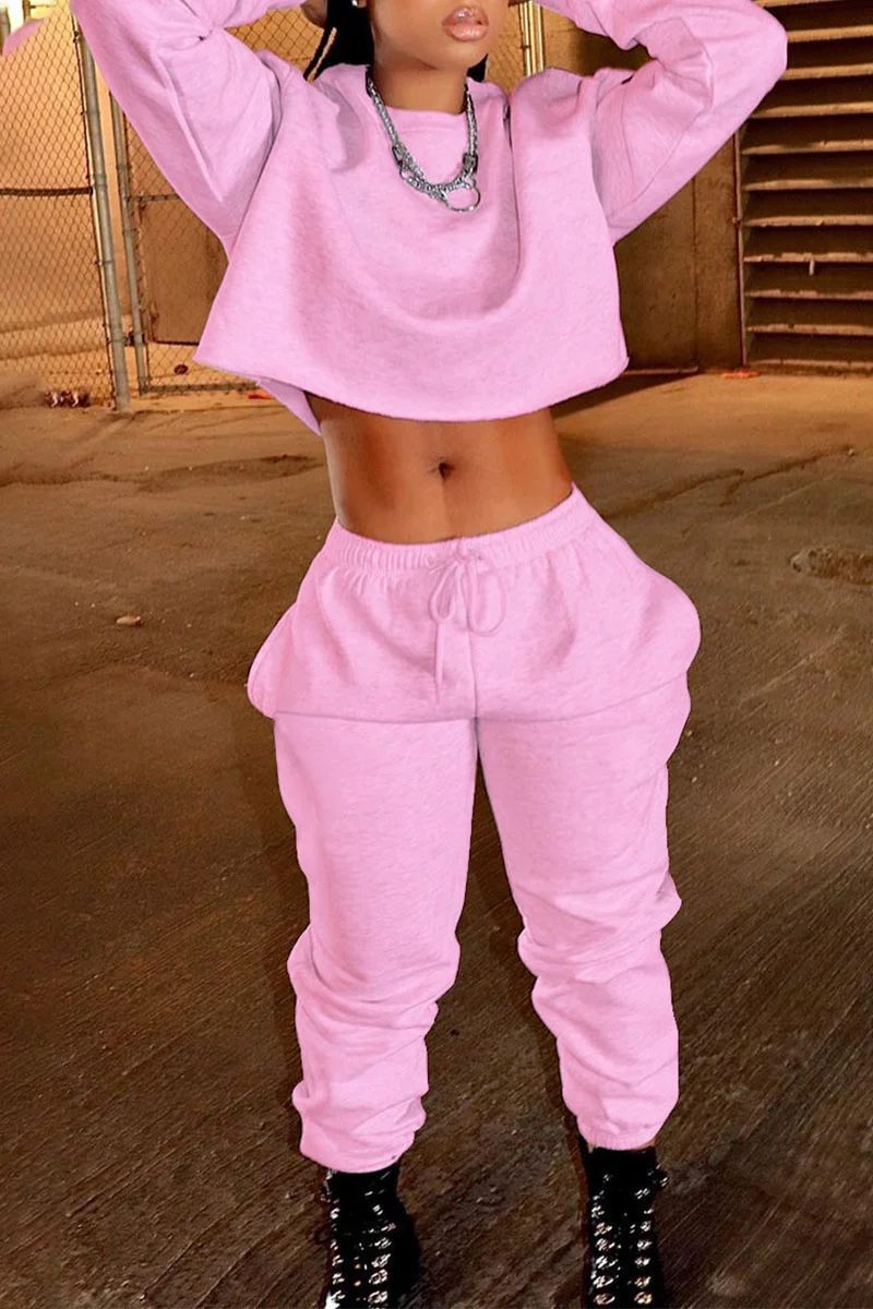 Pink Casual Solid Patchwork O Neck Long Sleeve Two Pieces | EGEMISS