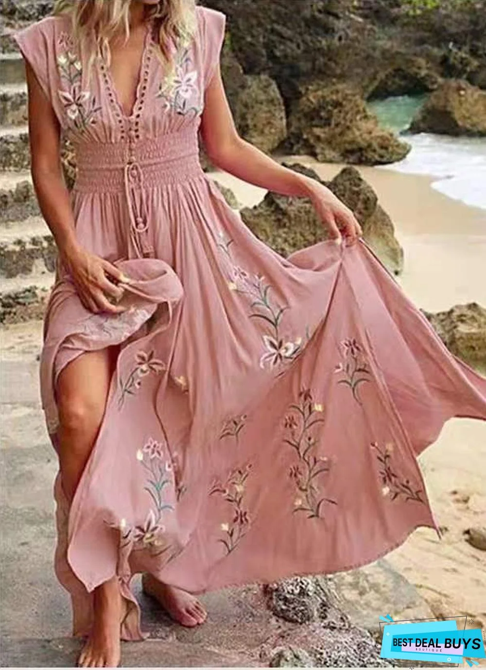 Women's V-Neck French Beach Bohemian Print Dress