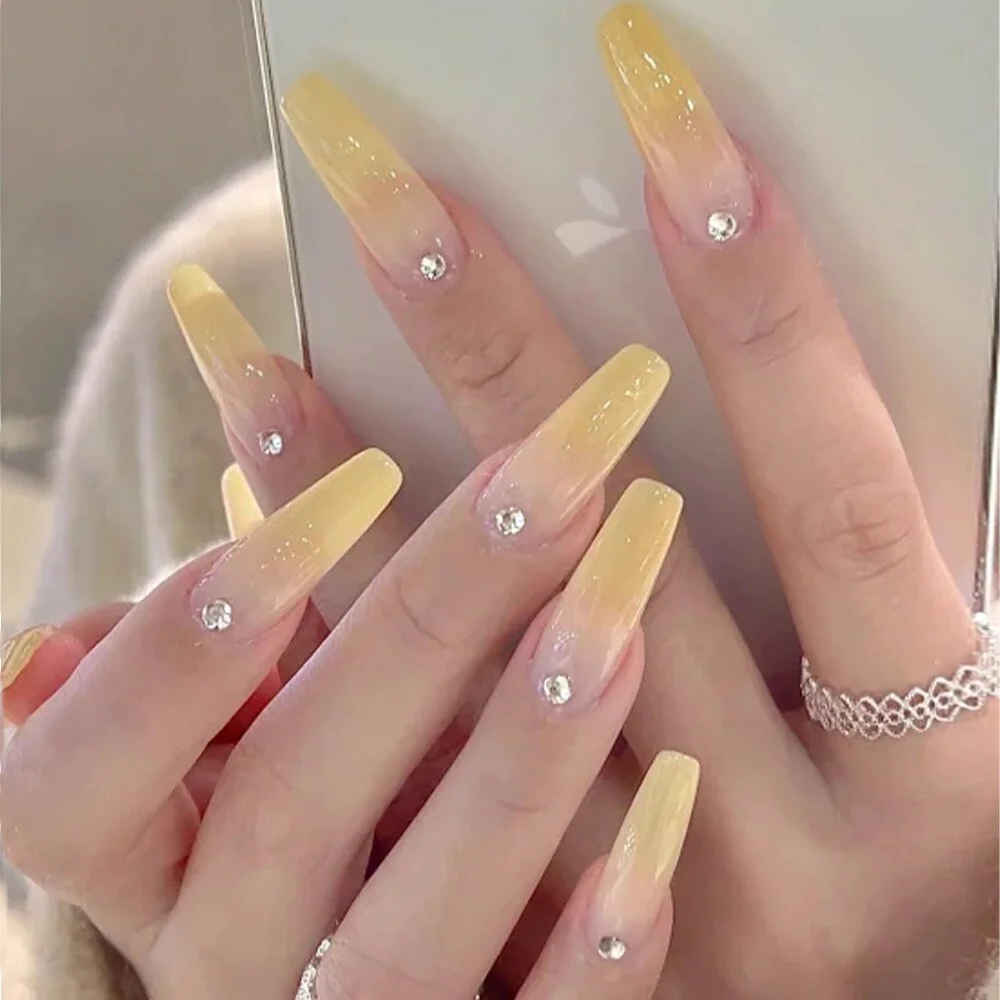 24pcs Fake Nails With Small Diamond Glue Type Long Paragraph Gradient Color Fashion Manicure Patch False Nails Press On Coffin D-Nail Inspo