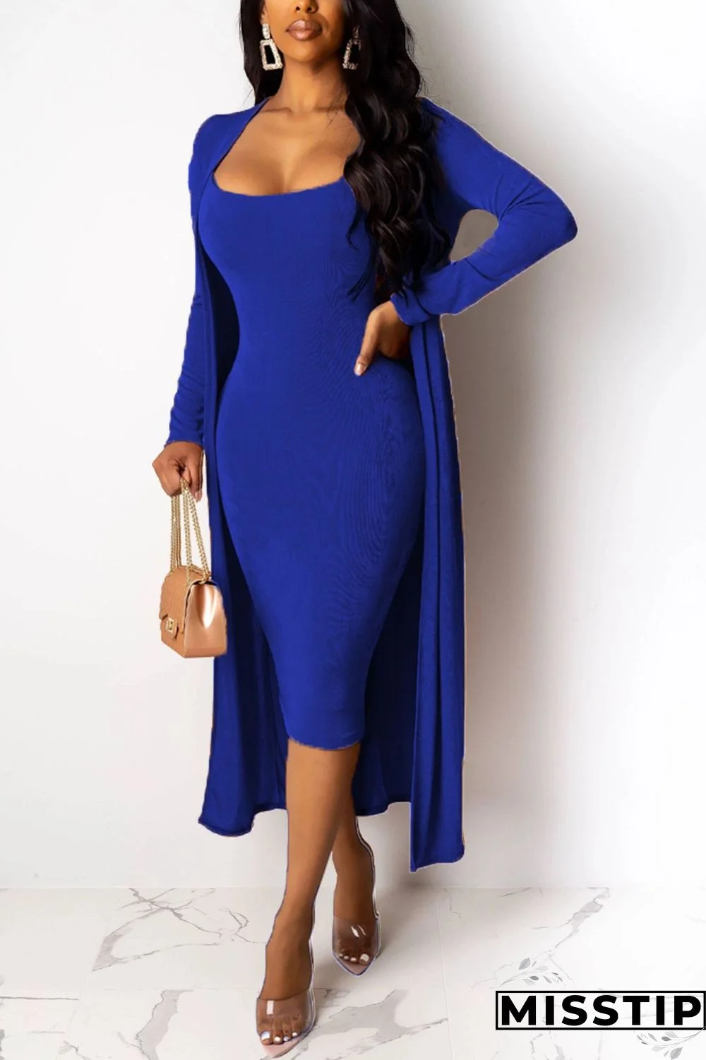 Blue Sexy V-Neck Silver Fox Fleece Two-Piece Suit