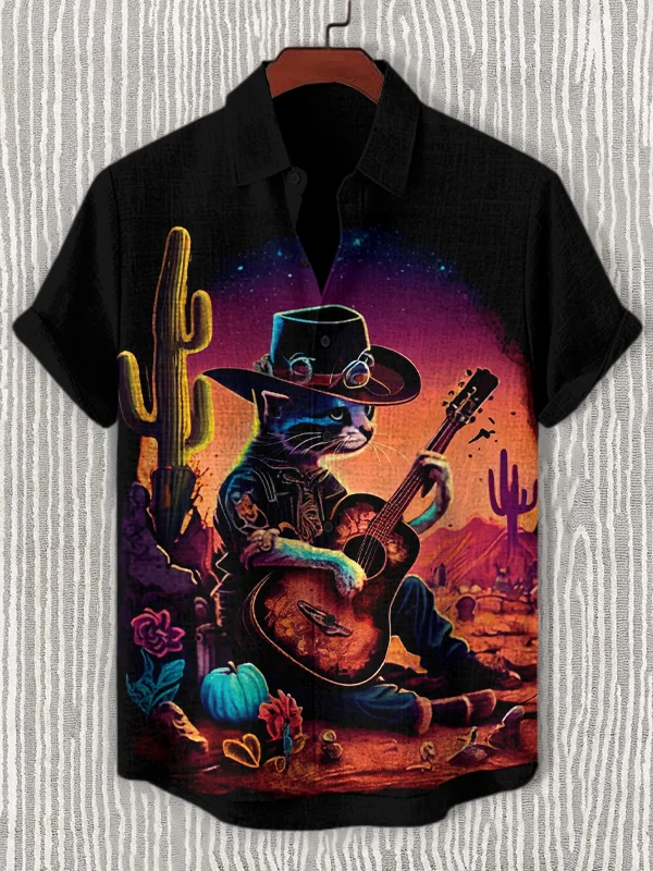 Men's Western Cowboy Cat Cactus Art Print Casual Shirt