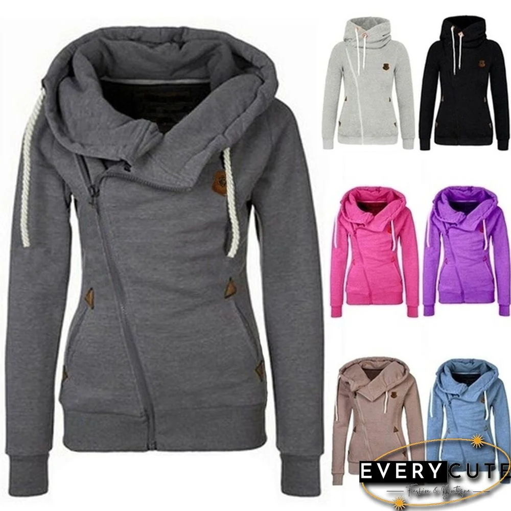 New Fashion Winter Woman Sports Personality Side Zipper Hooded Sweatshirt Candy Colored Sweater Coat