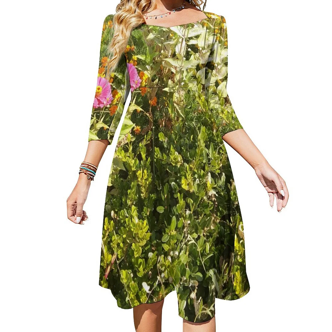 Warm Summer Flowers Dress Sweetheart Tie Back Flared 3/4 Sleeve Midi Dresses