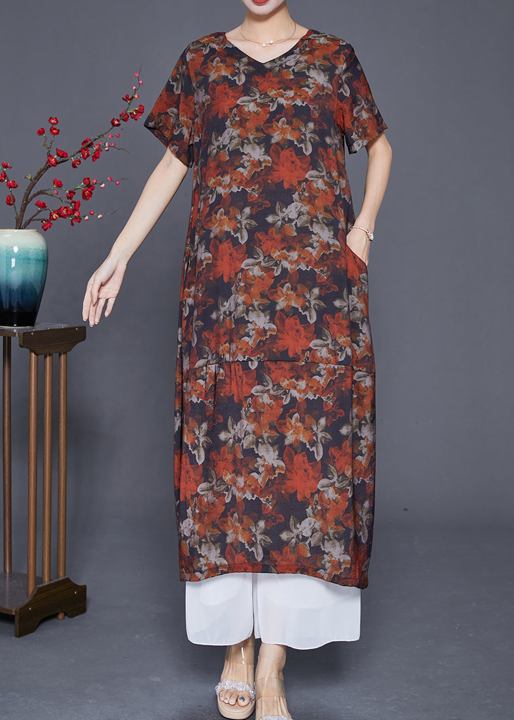 VCSHOES Red Floral Patchwork Linen Straight Dress Summer