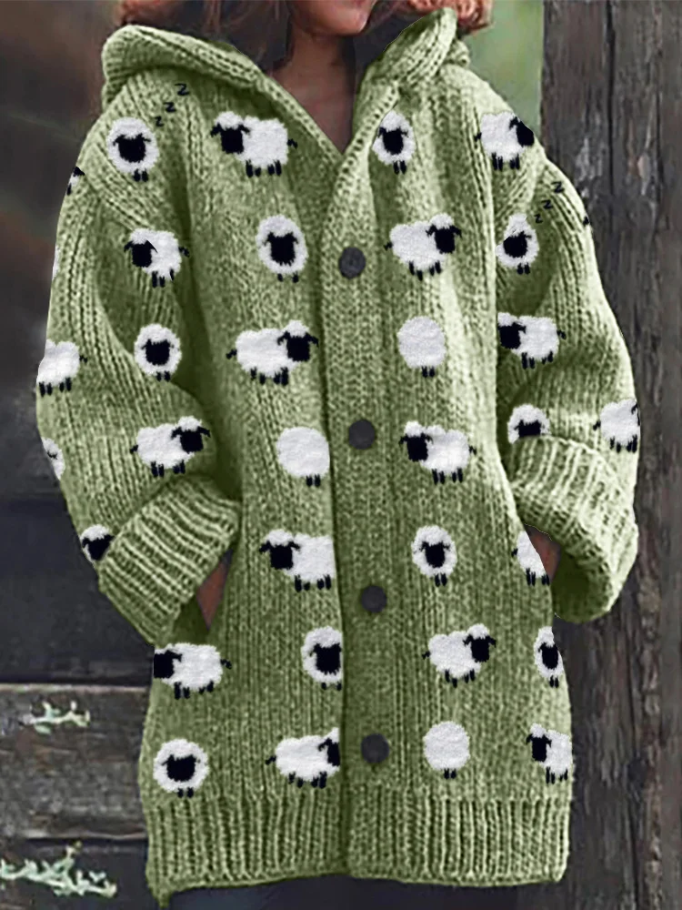 VChics Lovely Fuzzy Sheep Pattern Cozy Hooded Cardigan