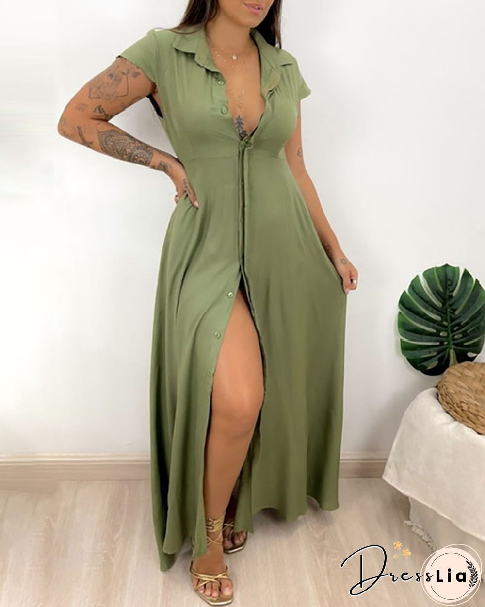 Button Front Short Sleeve Shirt Dress