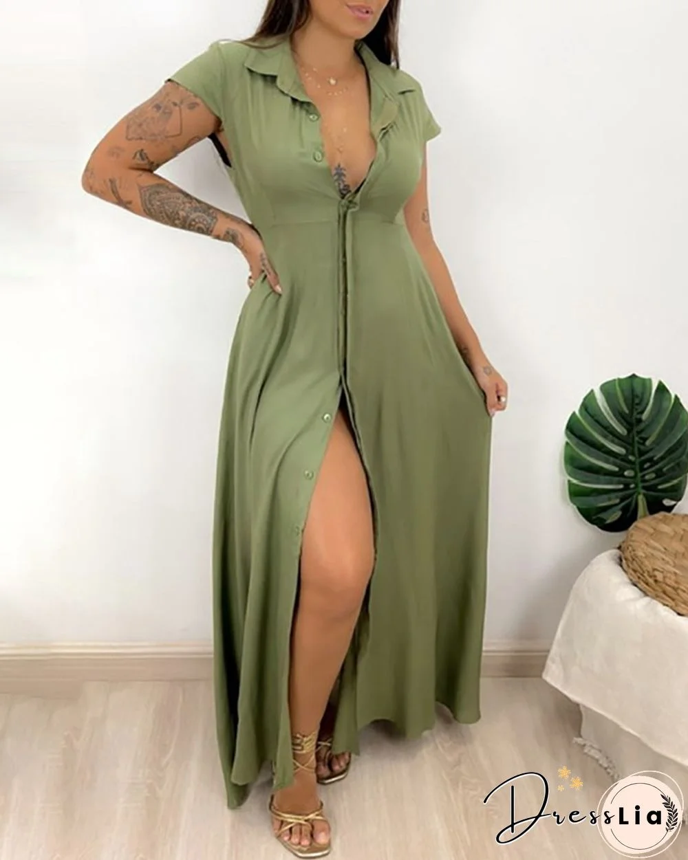 Button Front Short Sleeve Shirt Dress