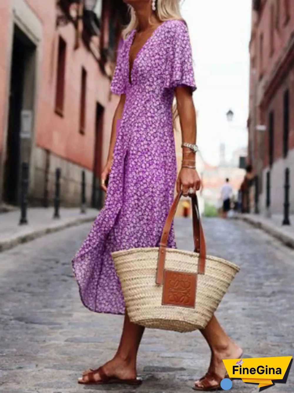 Printed Short Sleeve Swing Weaving Dress