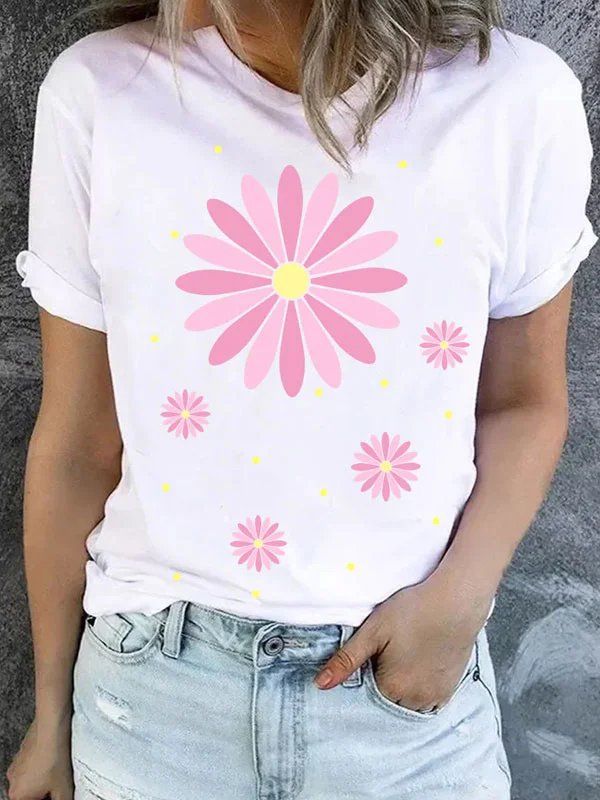 white pink gerbera graohic print crew neck women's tops