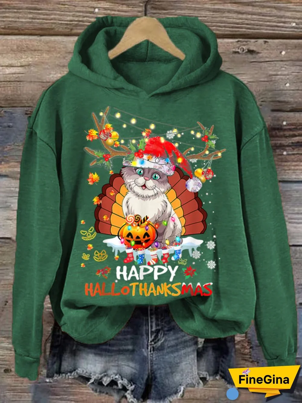 Women's Happy Hallothanksmas Cute Cat Hoodie