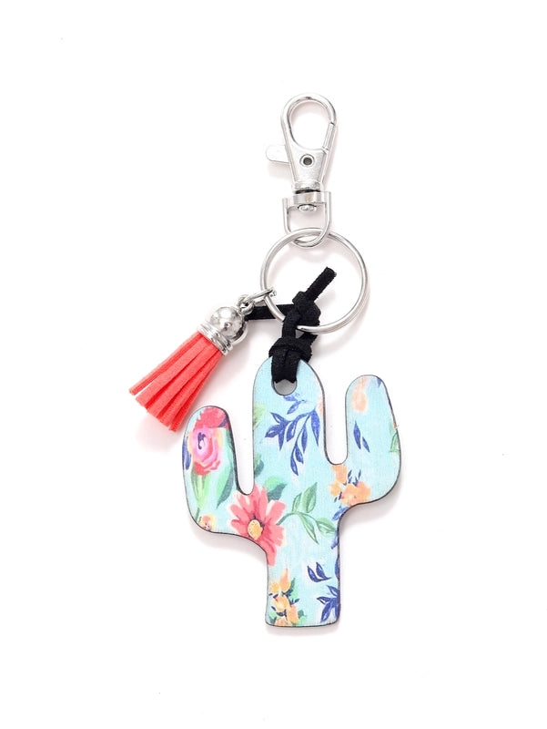 Classic Style Commute Cactus Printing Wood Bag Pendant Keychain
