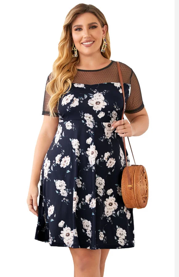 Plus size Floral Print Polka Dots Mesh Patch Mini Dress