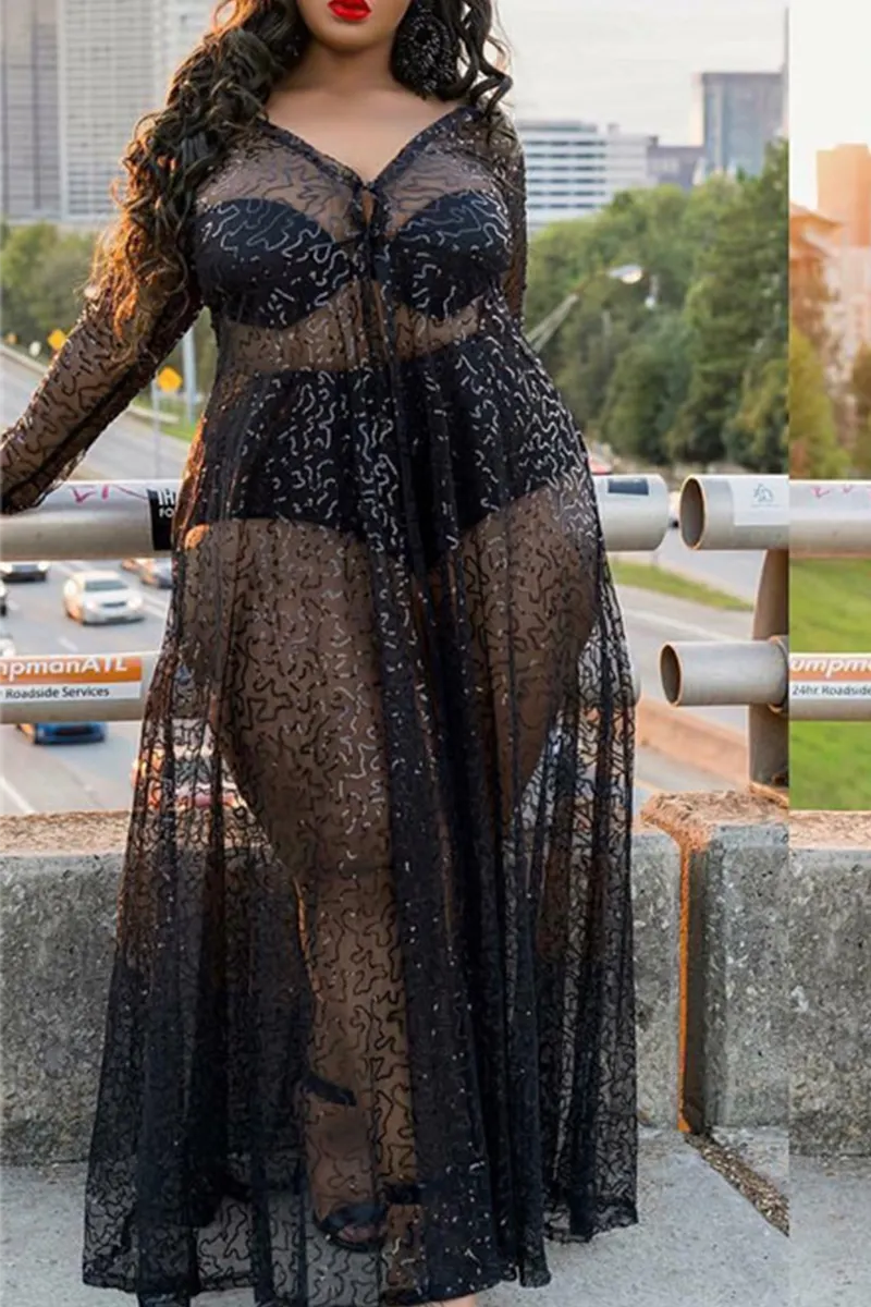 sexy-patchwork-see-through-mesh-v-neck-straight-dresses