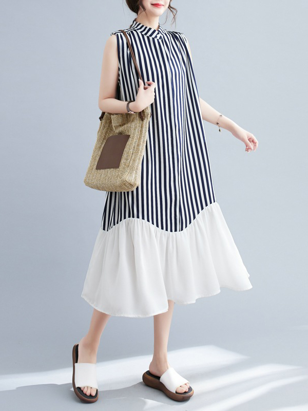 Vertical Stripe Pattern Sleeveless Ruffled Hem Maxi Dress
