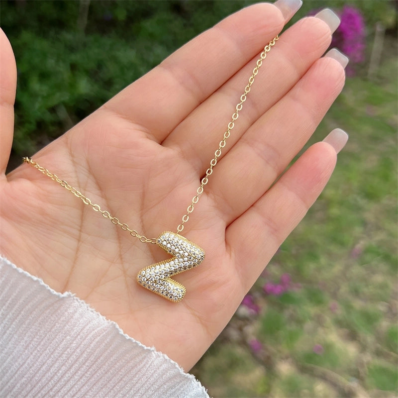 Copper 18K Gold Plated Hip-Hop Minimalist Classic Style Polishing Inlay Letter Zircon Pendant Necklace