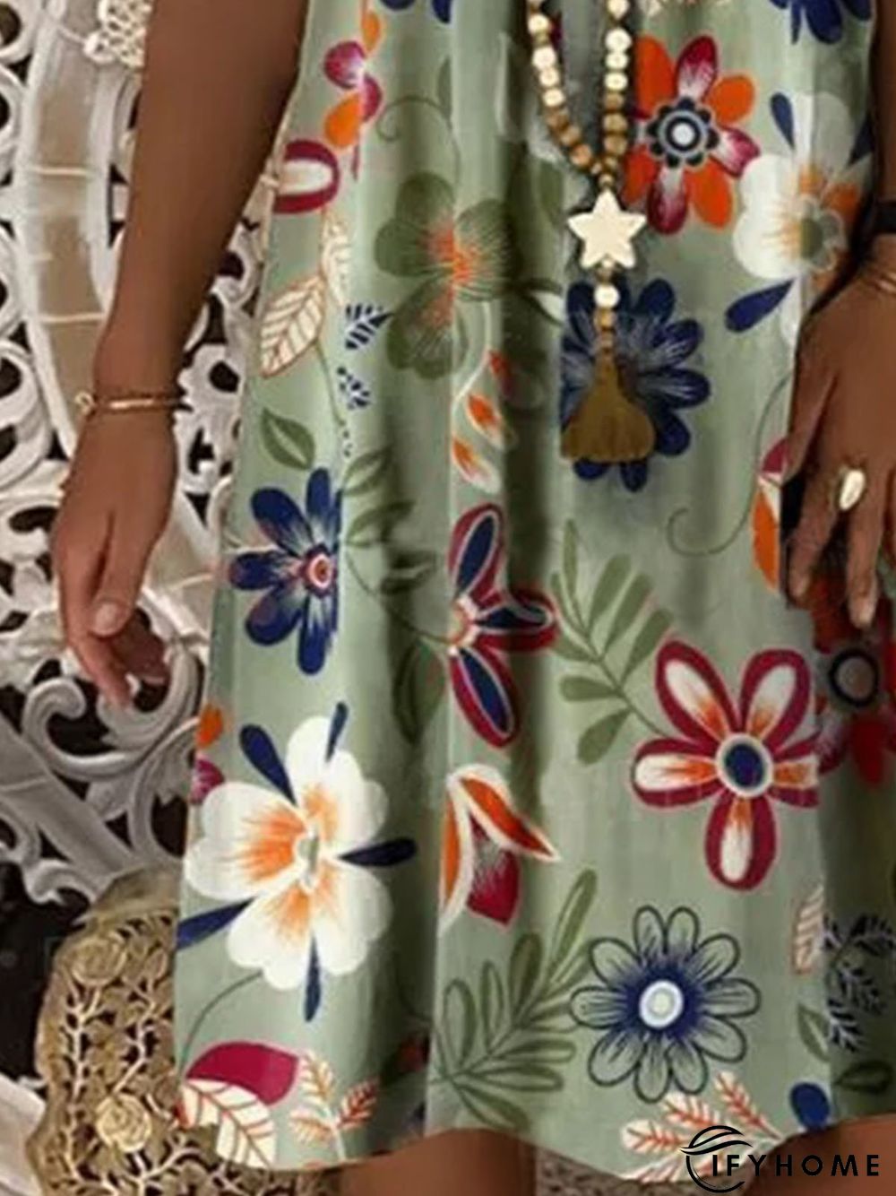 Green Sleeveless Crew Neck Floral Weaving Dress | IFYHOME