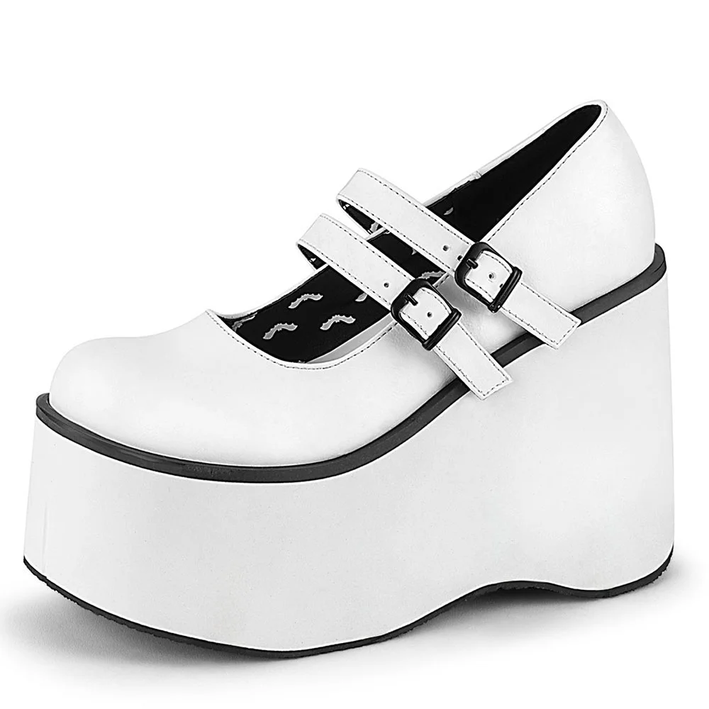 White Vegan Leather Buckle Double Strappy Platform Wedge Heeled Mary Jane Shoes Nicepairs