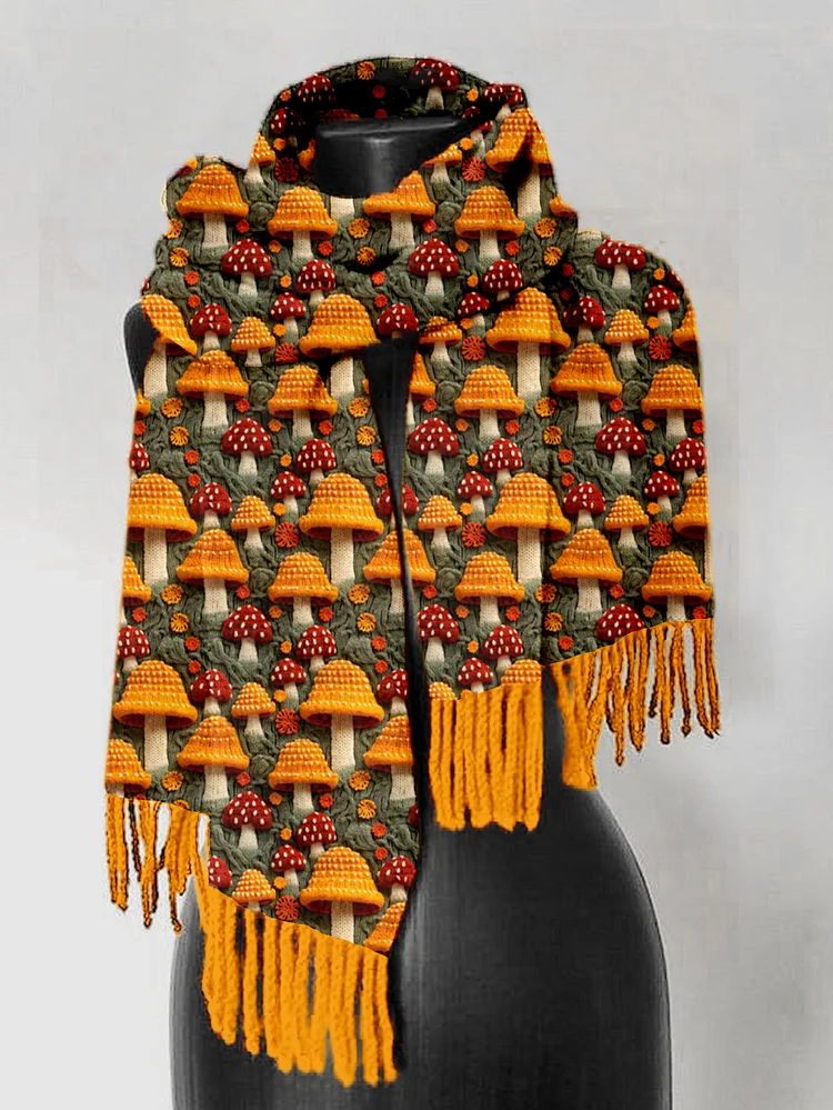 Comstylish Floral Mushroom Embroidery Art Comfy Tassel Scarf