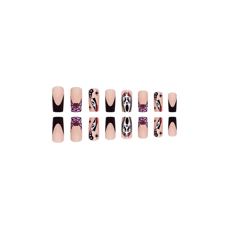 Churchf Churchf European Square Simple Ghost Face Fake Nail French Cute Black Halloween Summer Nail Wear Nail Piece