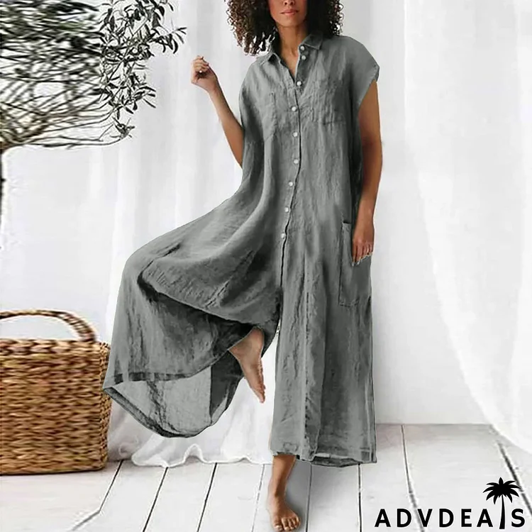 Casual Women Loose Comfortable Linen Solid Color Short Sleeve Single-Breasted Jumpsuits