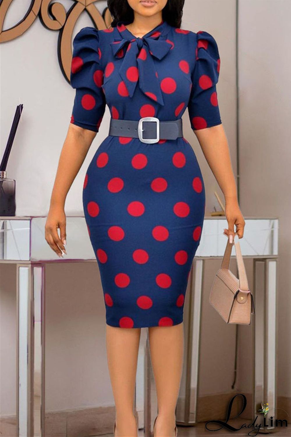 Red Fashion Casual Dot Print With Belt O Neck Pencil Skirt Dresses