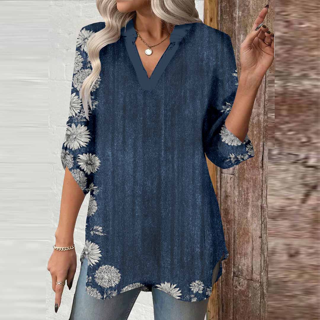 Women Floral, Blue DZGA0063 3/4 Sleeve V-neck Printed Graphic Button Tops