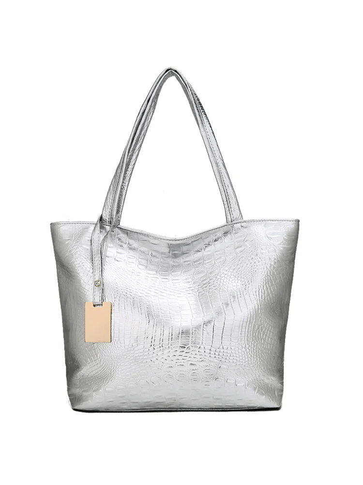 Retro Women Alligator Pattern Leather Shoulder Bag Large Handbags (Silver)