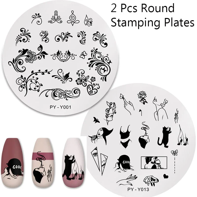 2Pcs/set Nail Stamping Plates Set Silicone Sponge Brush Polish Transfer Stencils Flower Geometry DIY Template for Nail Tools-Nail Inspo