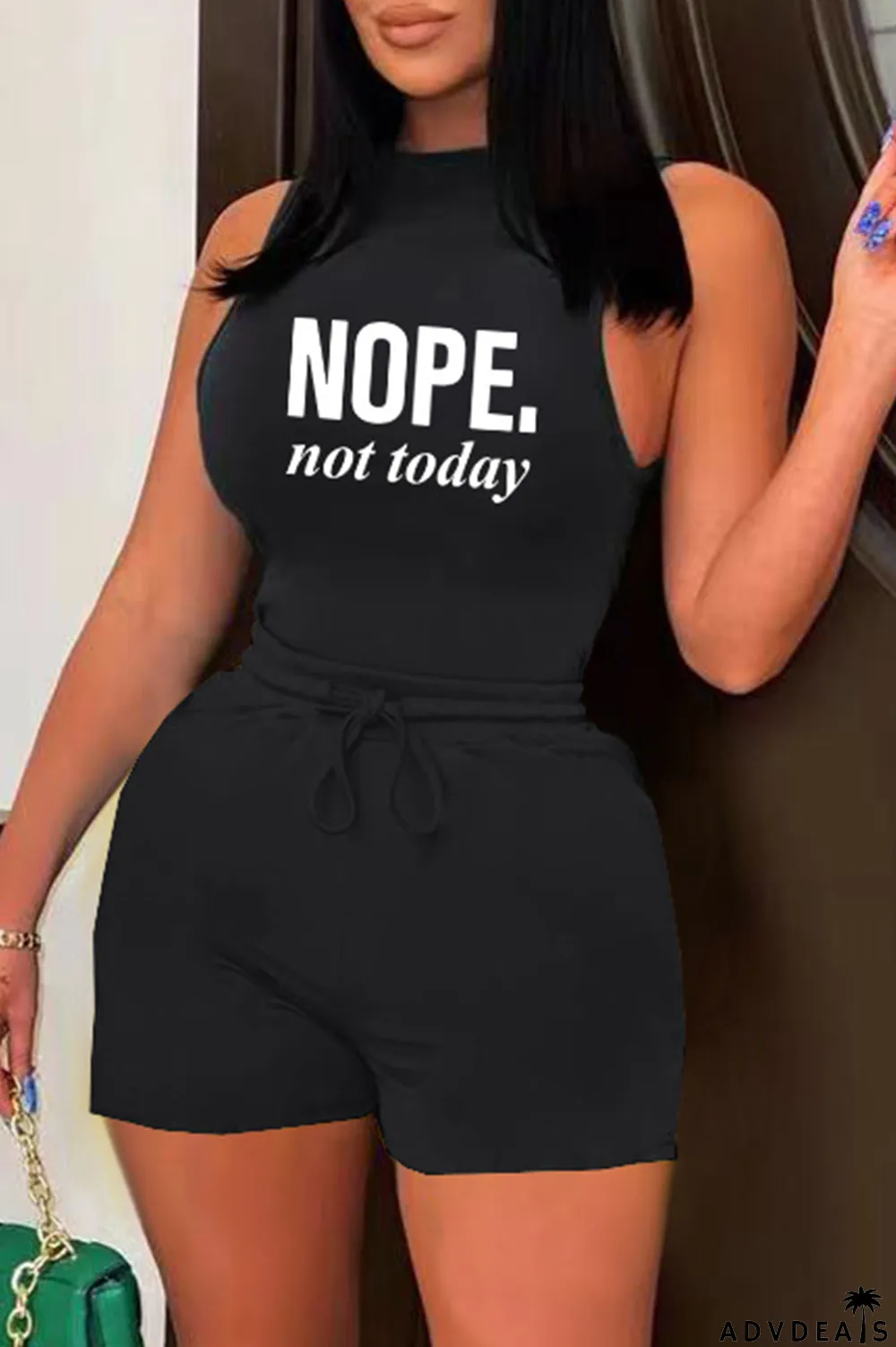 Black Casual Letter Print Basic O Neck Sleeveless Two Pieces