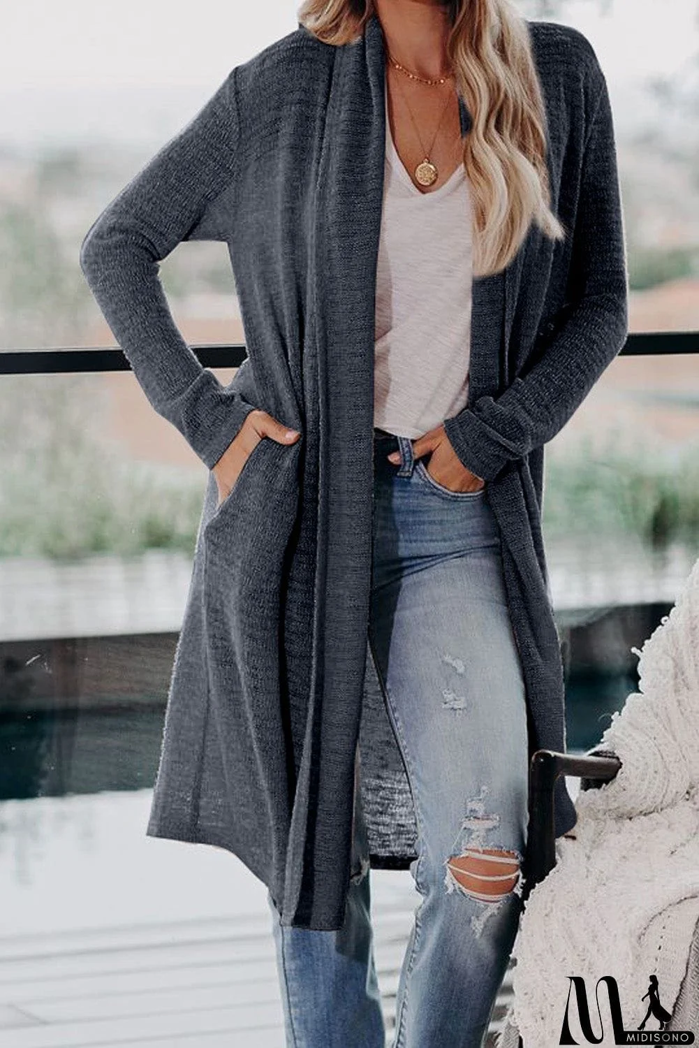 MidiSono - Slouchy Pocketed Knit Longline Cardigan
