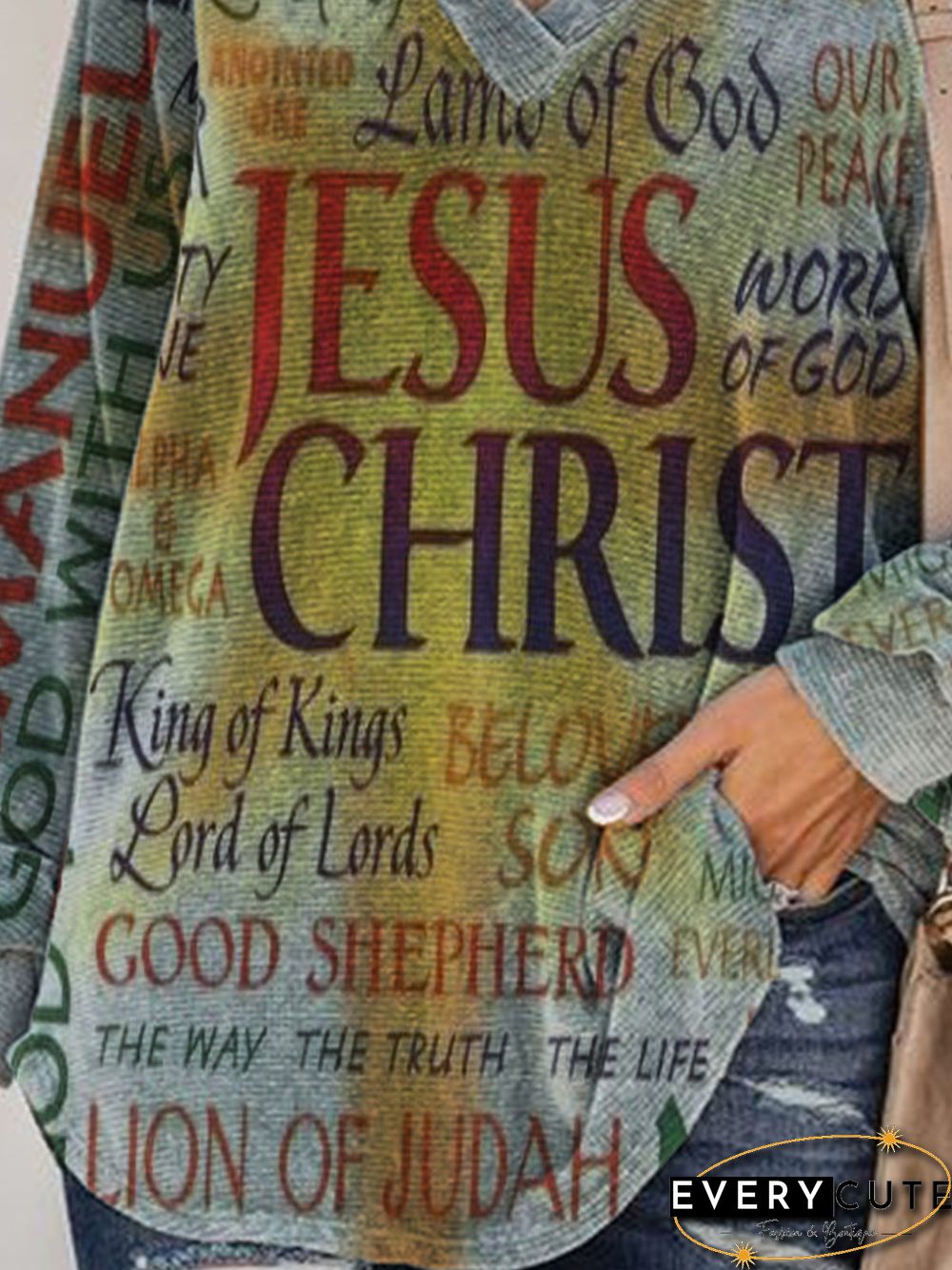 Vintage Letters Jesus Printed V Neck Long Sleeves Plus Size Casual Sweatshirts
