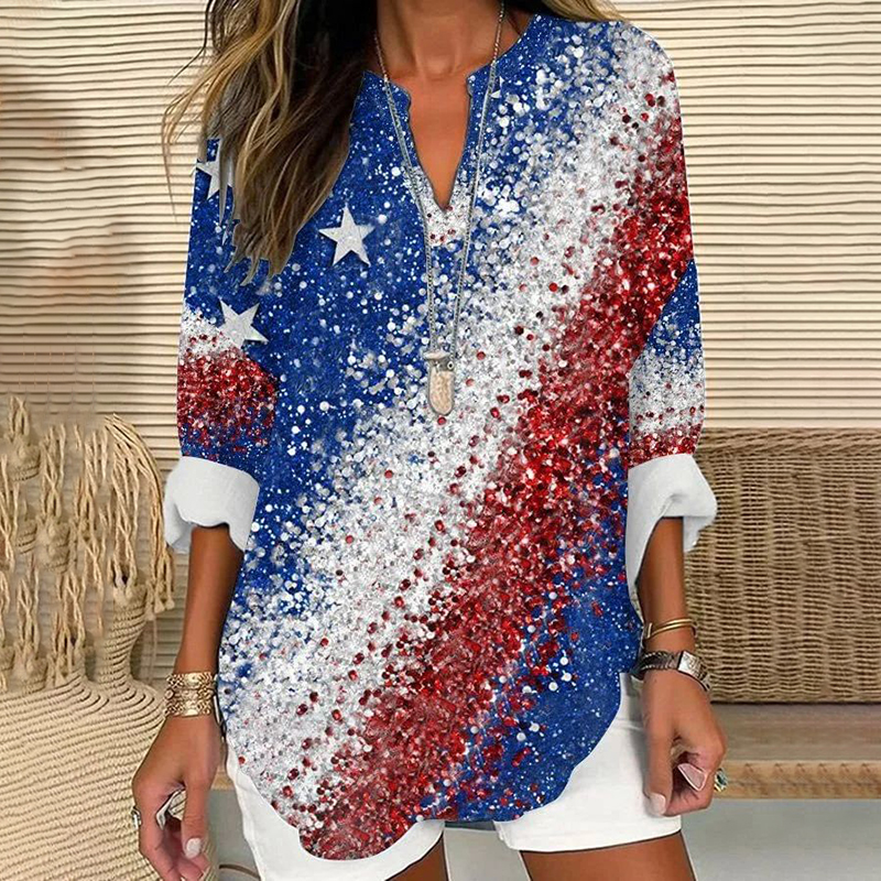 Comstylish American Flag Print V-Neck Long Sleeved Blouse