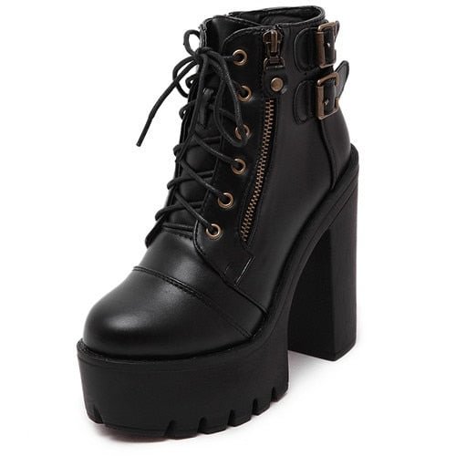 Gdgydh Hot Sale Russian Shoes Black Platform Boots Women Zipper Spring High Heels Shoes Lace Up Ankle Boots Leather Big Size 42