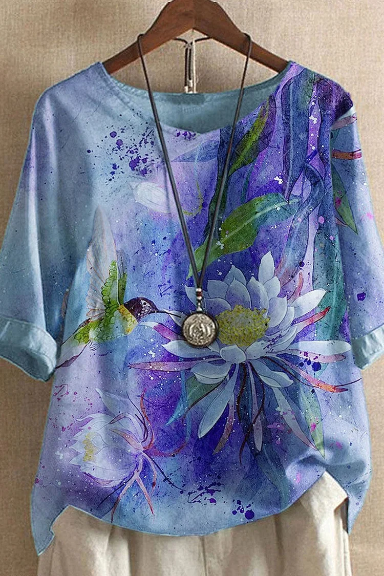 Flycurvy Plus Size Casual Blue Linen Wash Painting Plant Floral Print Decorative Button 3/4 Sleeve Blouse  Flycurvy [product_label]