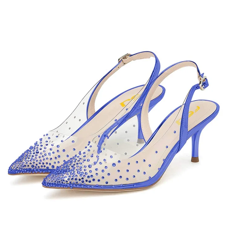 Women'S Blue Rhinestones Shoes Elegant Pointy Toe Kitten Heels Party transparent Pumps |FSJ Shoes