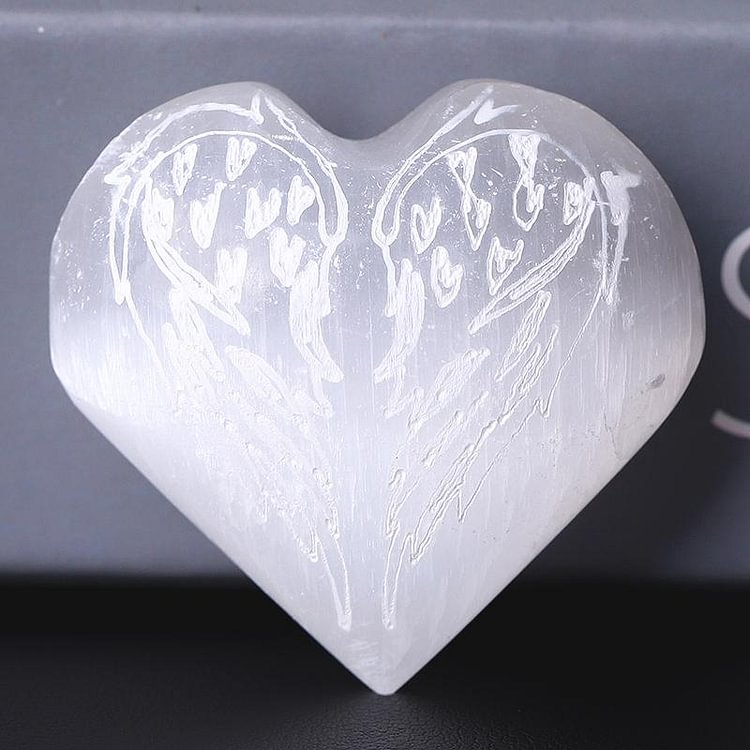 1.5" Selenite Heart Palm Stone with Laser Engraving Pattern Bulk
