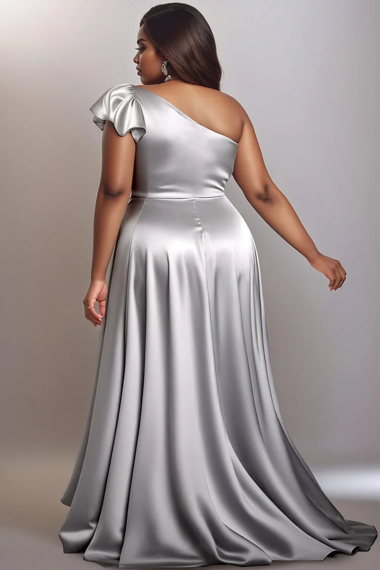 Xpluswear Design Plus Size Prom Silver Oblique Collar Flutter Sleeve Split Ruffle Glitter Maxi Dresses