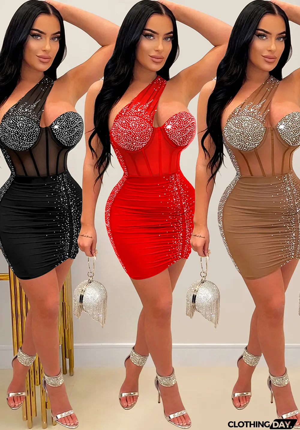 Women's Fashion Solid Color Beaded Mesh Sleeveless Slash Shoulder Dress